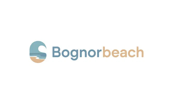 BognorBeach.com domain logo with Nameify branding, featuring a modern design and beach-themed graphics.