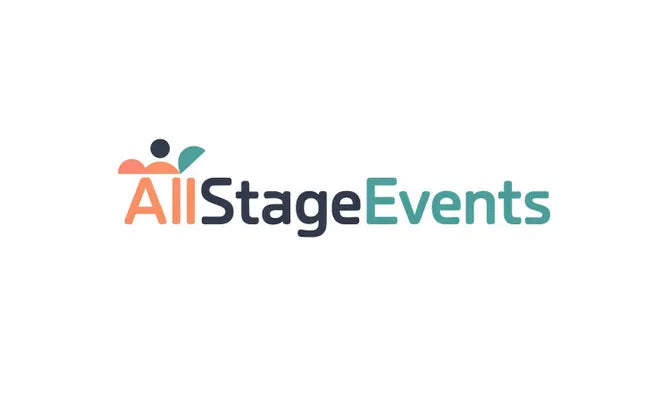 AllStageEvents.com domain logo featuring the Nameify brand logo on a professional web design background.