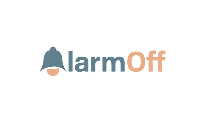 AlarmOff.com domain logo featuring the Nameify brand, with a modern design and the website name displayed in clean typography.