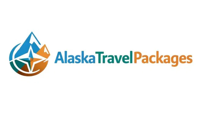 AlaskaTravelPackages.com domain logo with Nameify branding, featuring a scenic Alaska landscape in a professional design.