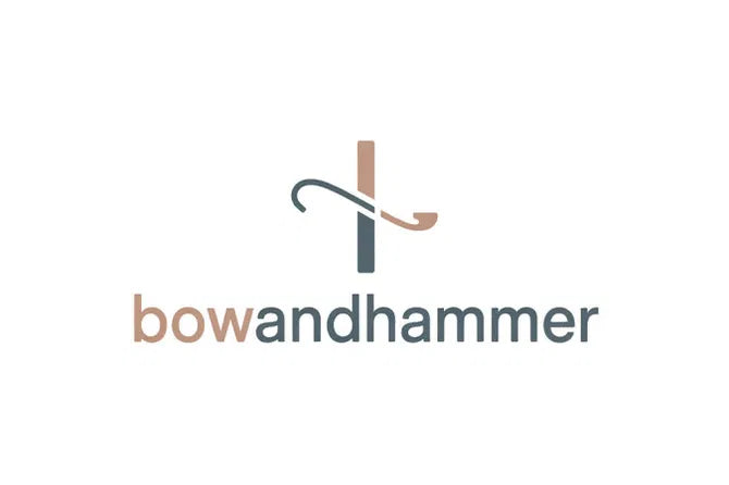 Logo image for BowAndHammer.com domain by Nameify, featuring a modern design with a bow and hammer graphic.