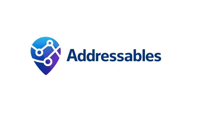 Addressables.com domain logo by Nameify, featuring a modern design with the brand name and visual branding elements.