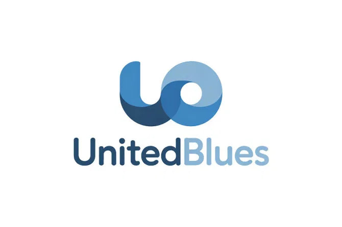 UnitedBlues.com domain logo with the Nameify brand, featuring a blue and white design on a transparent background.