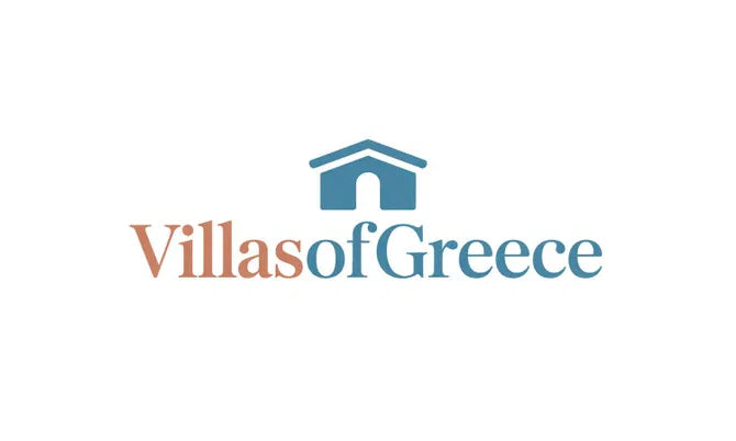 VillasOfGreece.com domain logo with Nameify branding, featuring a stylized villa illustration in blue and white.